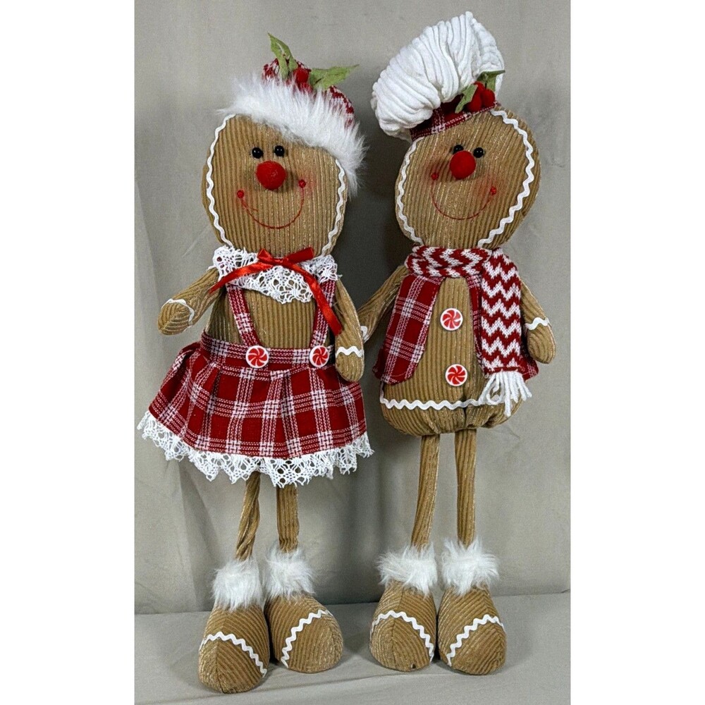Christmas Gingerbread Couple Fabric Figurines 22 in Freestanding Red Plaid